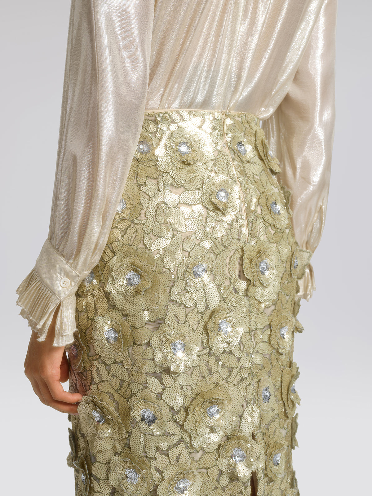Allover Hand-Beaded Sequin Embroidered Floral Skirt