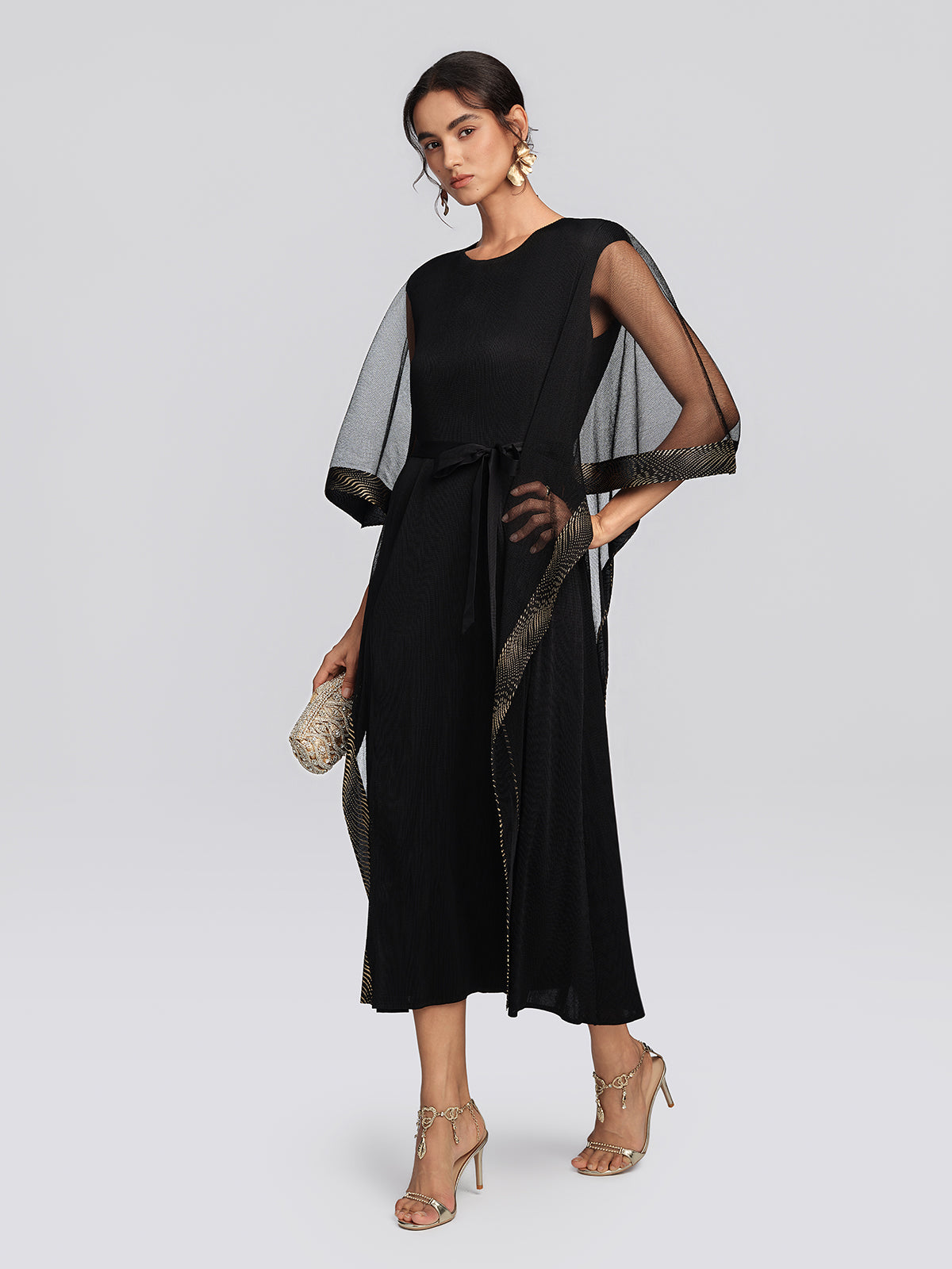 Pleated Mesh Gold Trim Dress