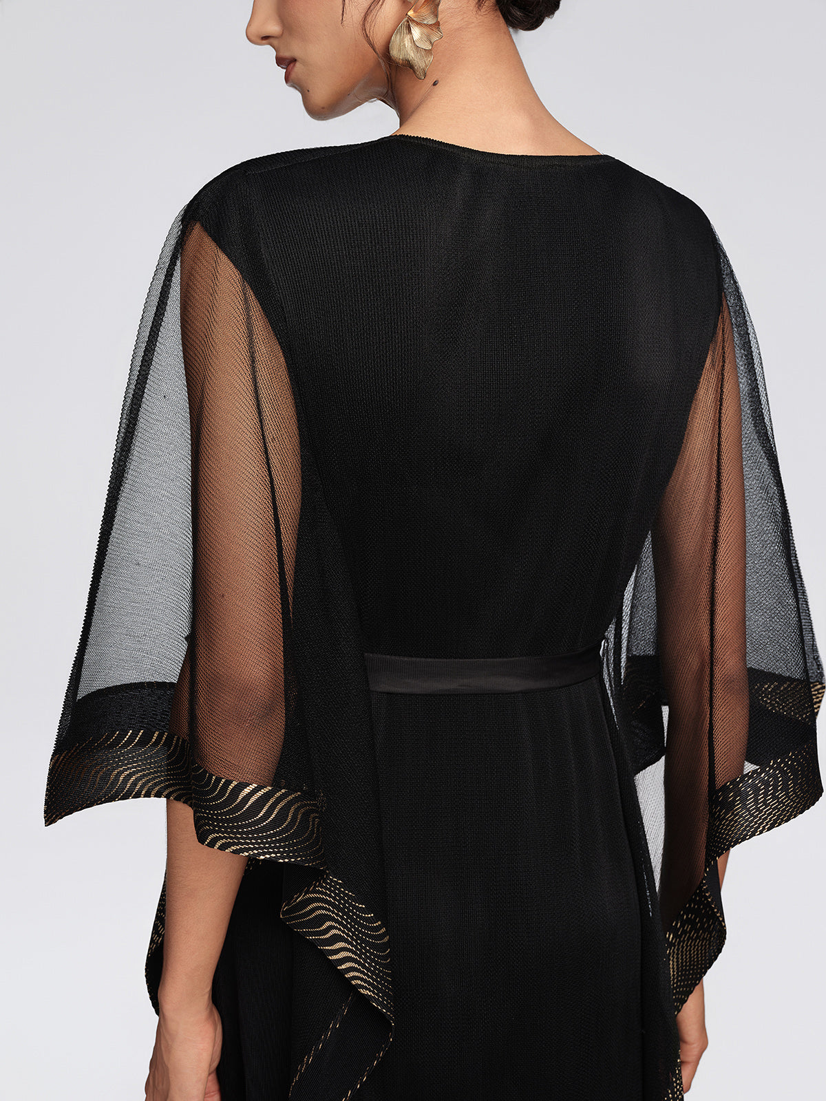 Pleated Mesh Gold Trim Dress