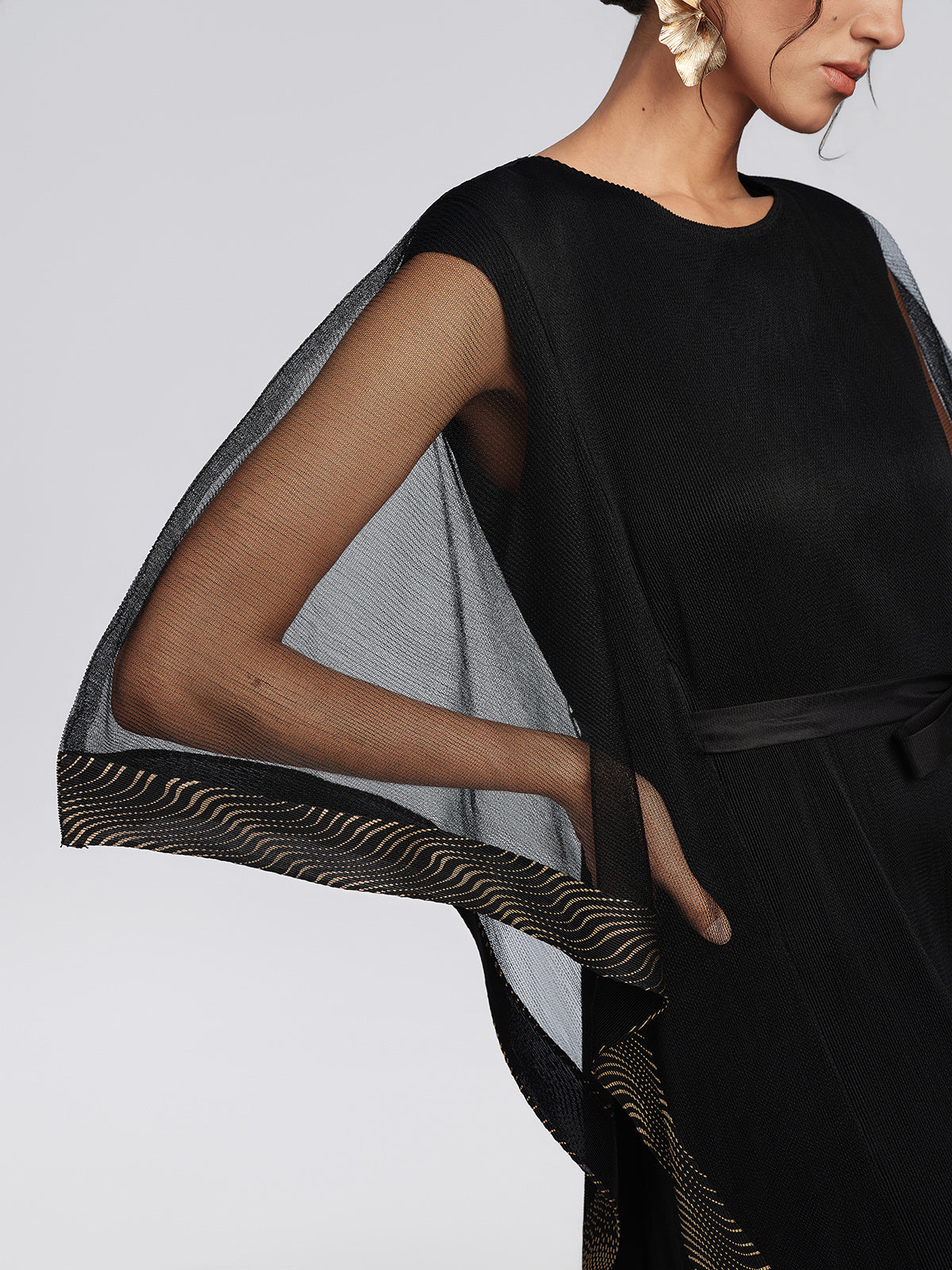 Pleated Mesh Gold Trim Dress
