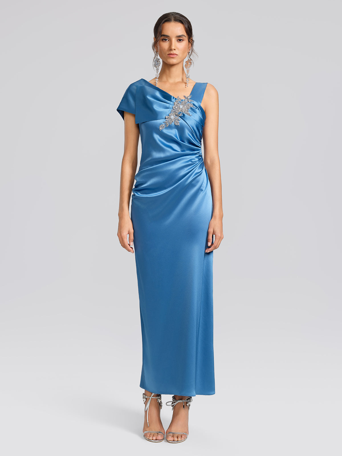 Beaded Satin Draped Waist Evening Dress