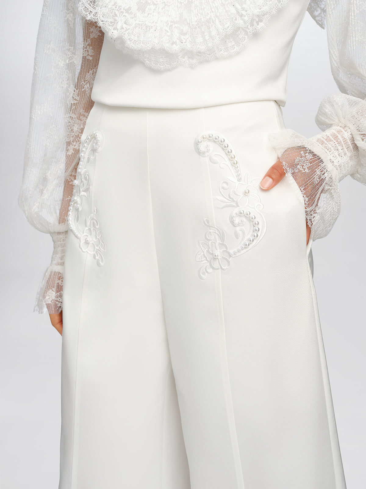 Woven Pearl Beaded Embroidered Wide-Leg Pants