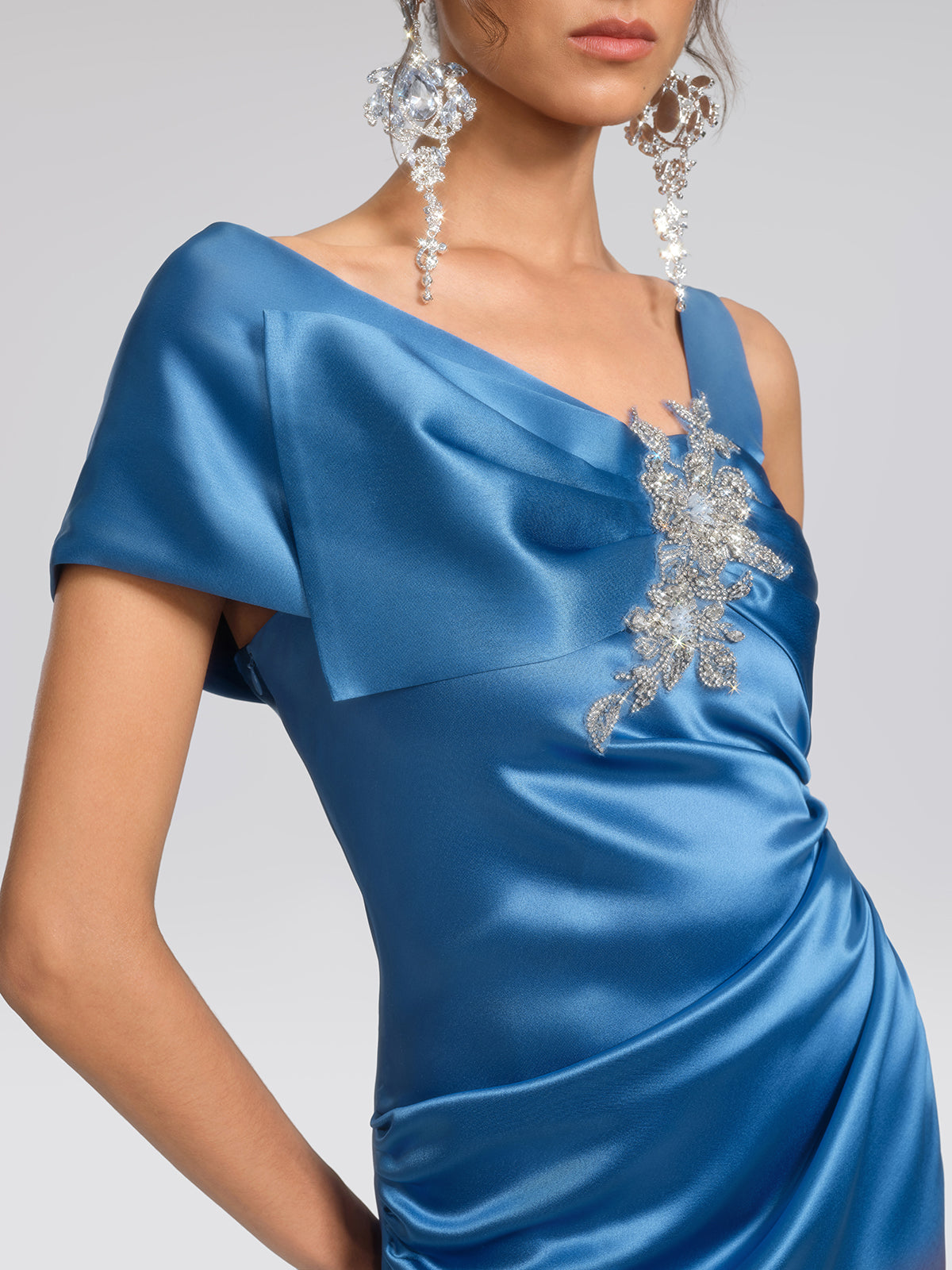Beaded Satin Draped Waist Evening Dress