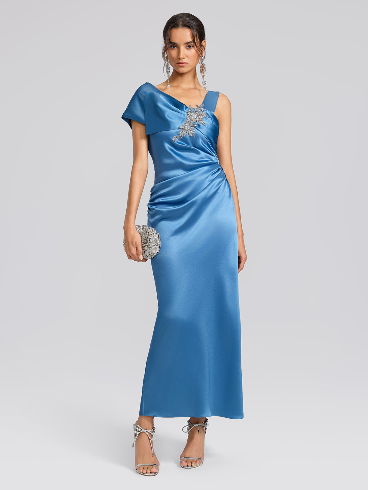 Beaded Satin Draped Waist Evening Dress
