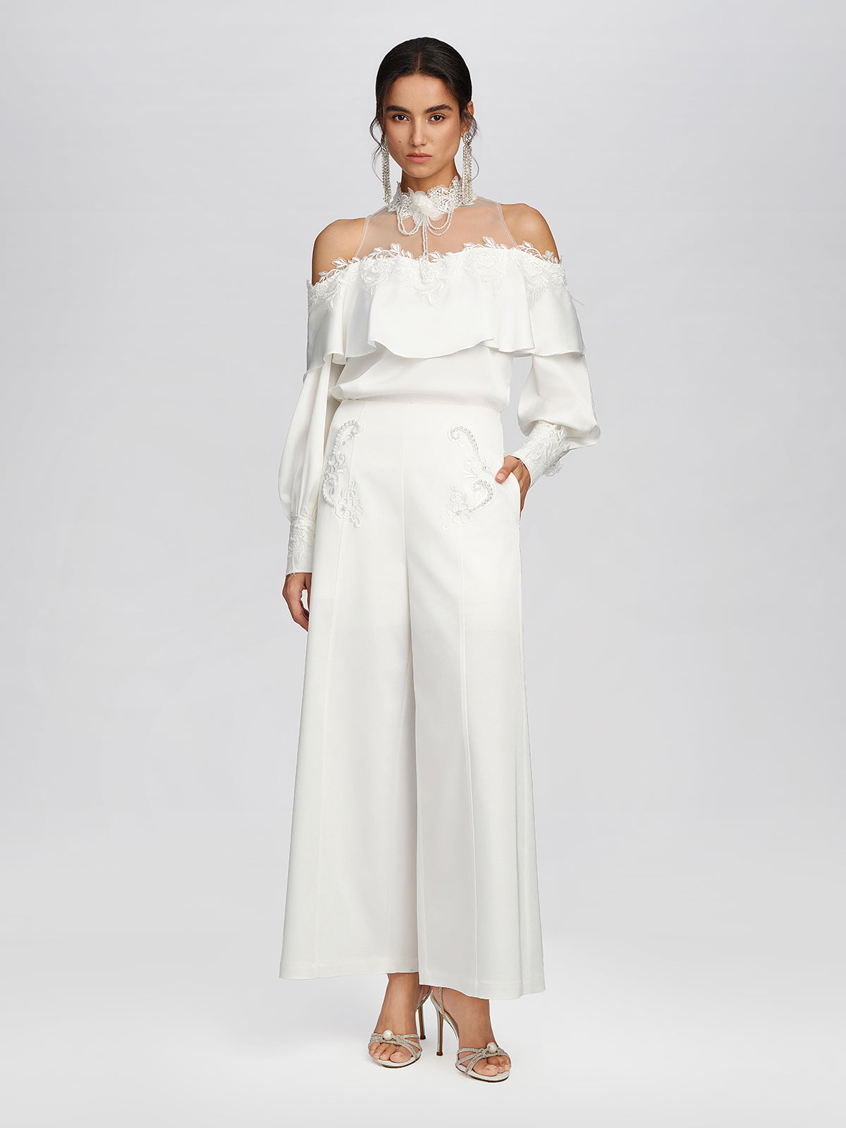 Woven Pearl Beaded Embroidered Wide-Leg Pants