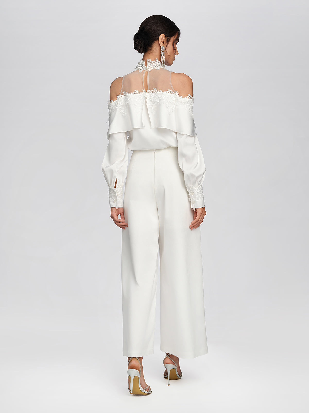 Woven Pearl Beaded Embroidered Wide-Leg Pants