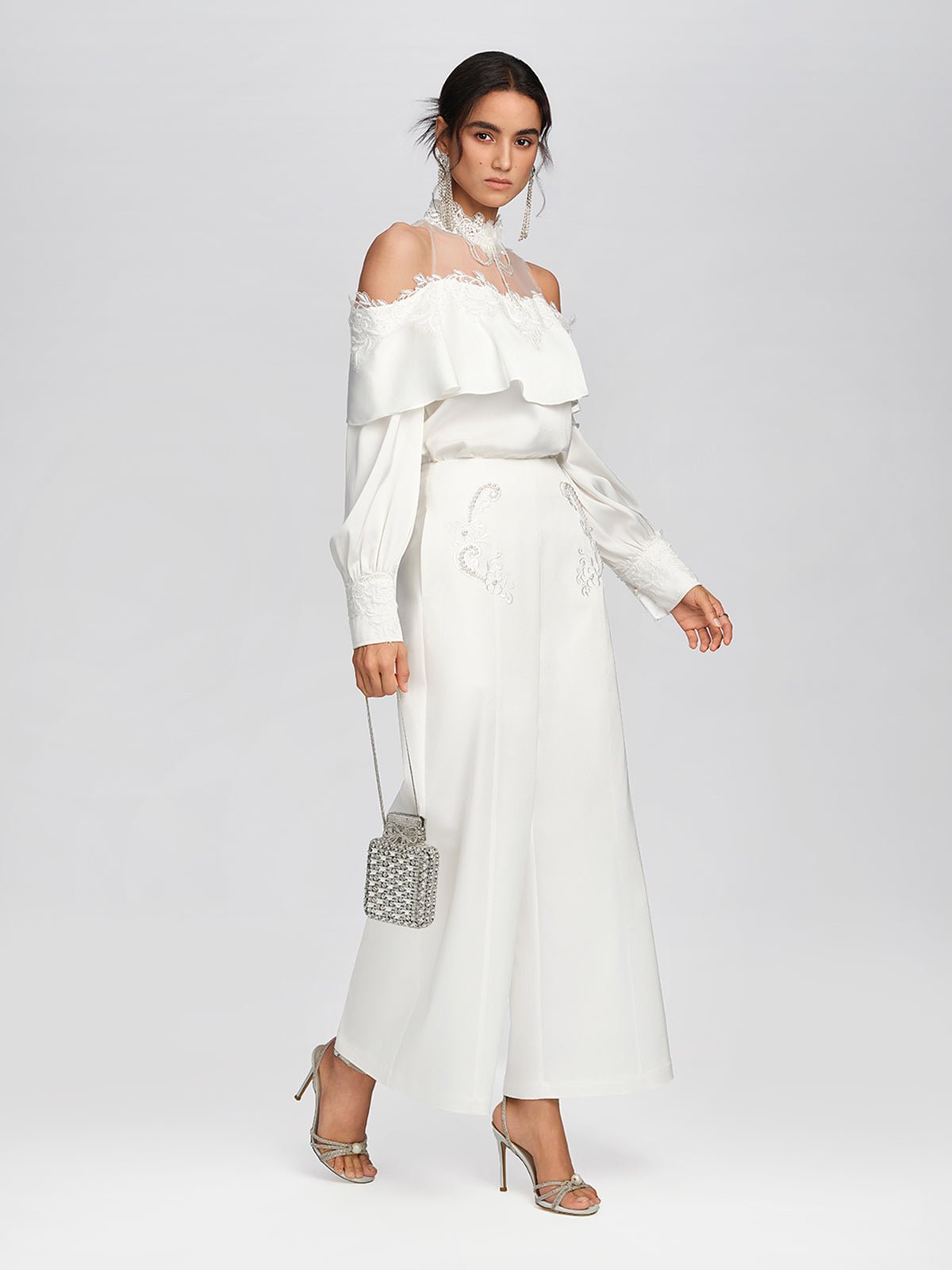 Woven Pearl Beaded Embroidered Wide-Leg Pants
