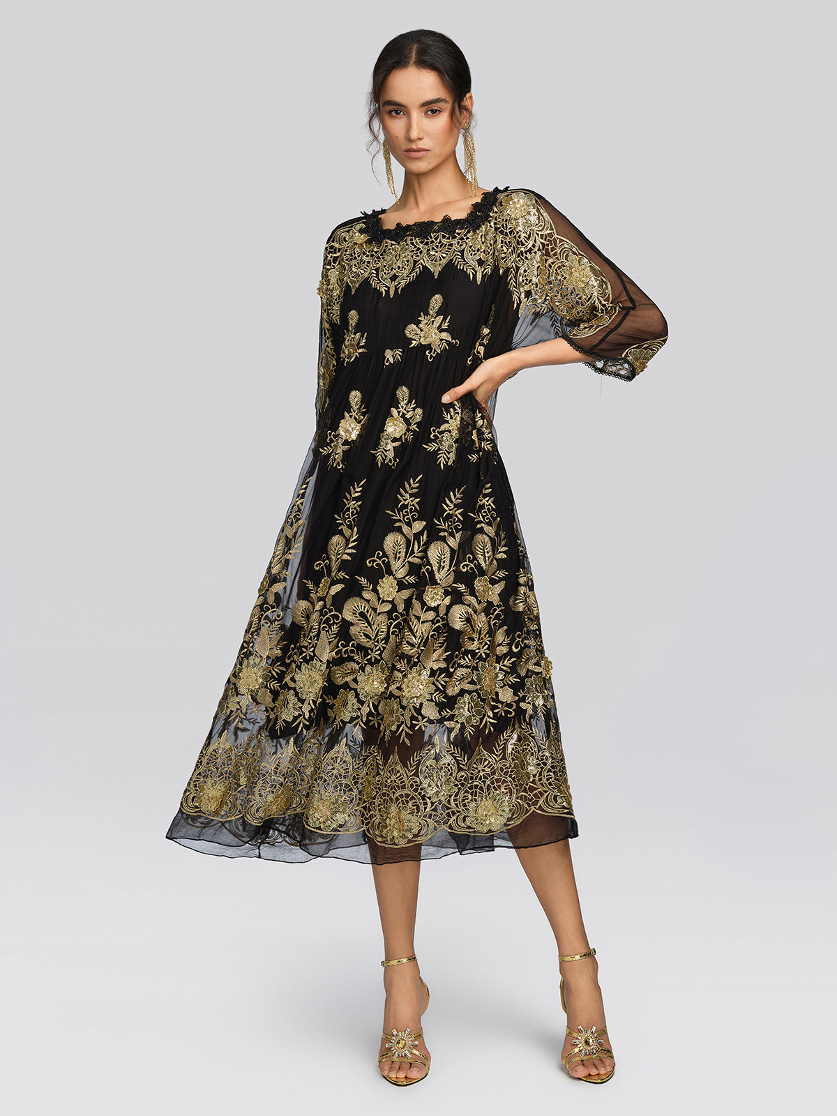 Silk Gold Sequin Floral Embroidery Dress