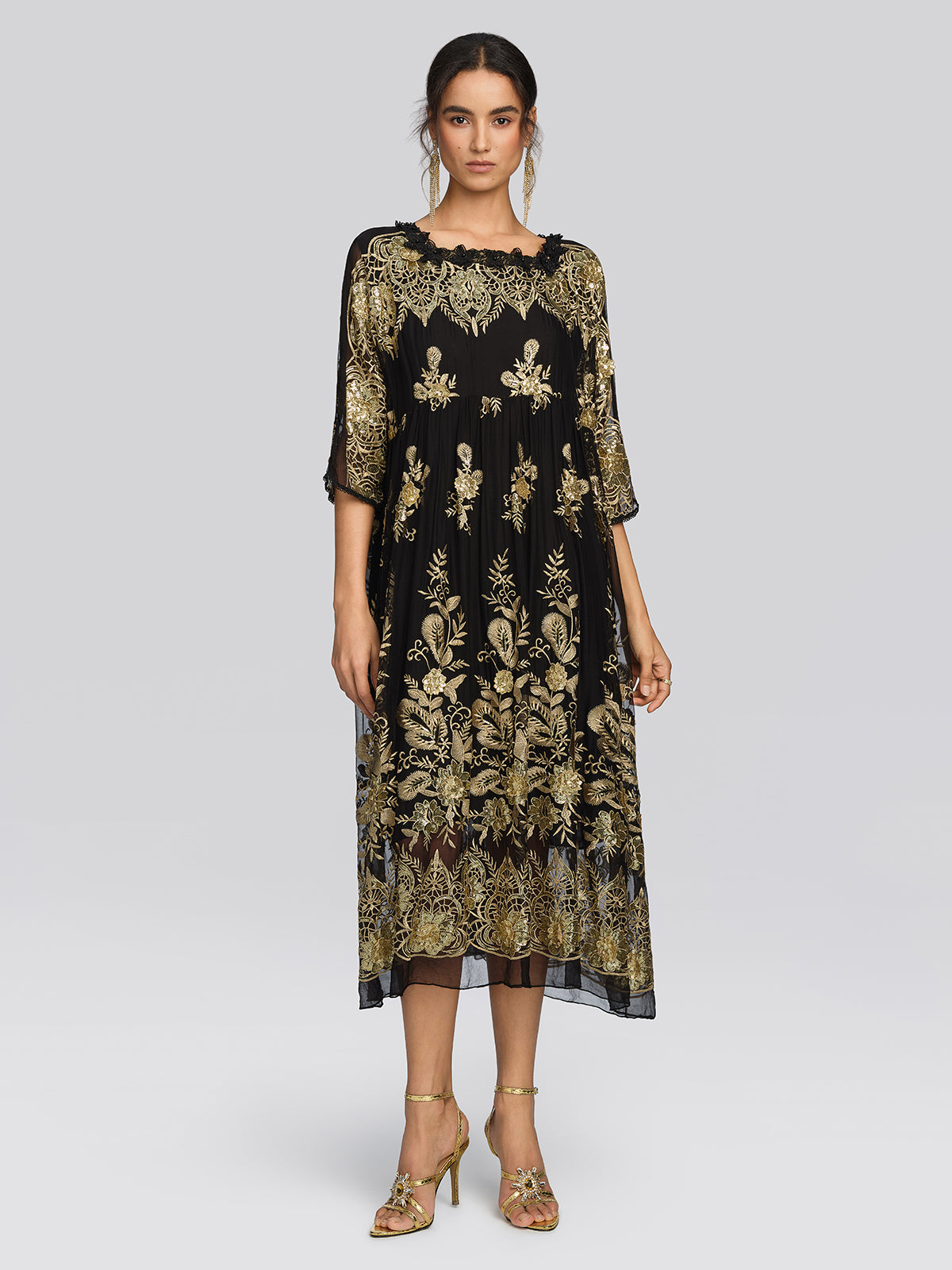 Silk Gold Sequin Floral Embroidery Dress