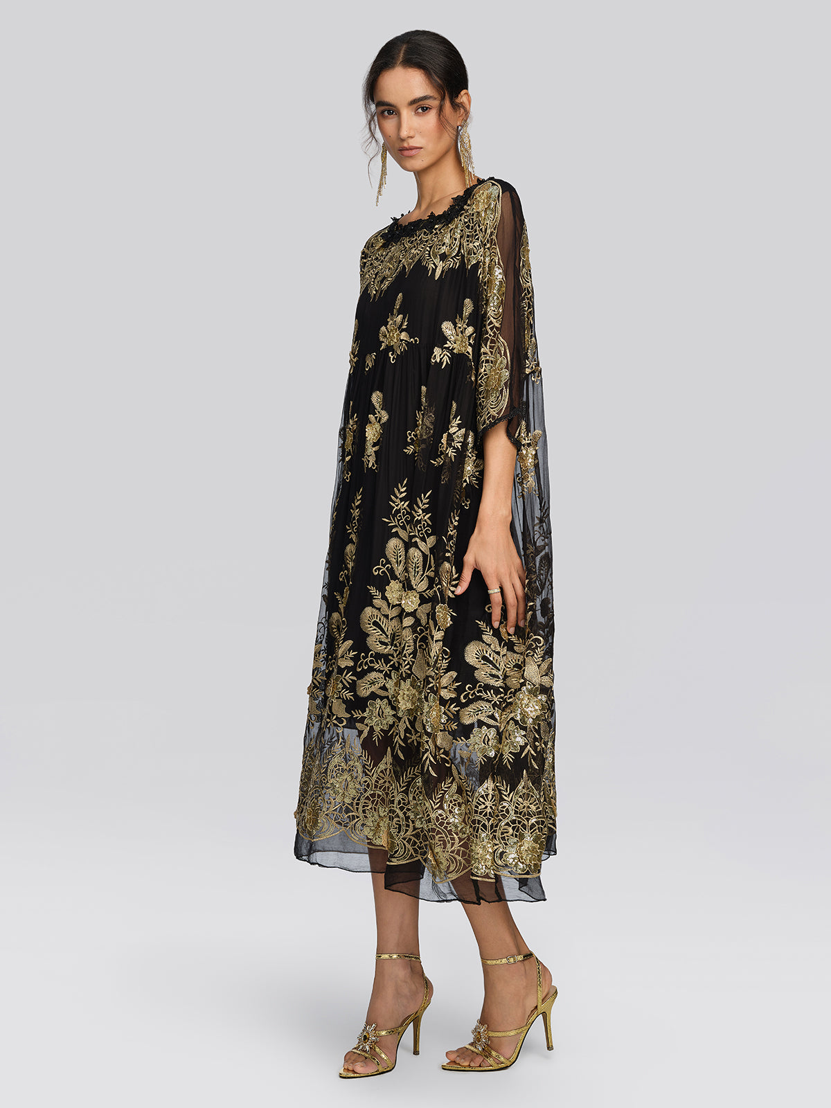 Silk Gold Sequin Floral Embroidery Dress