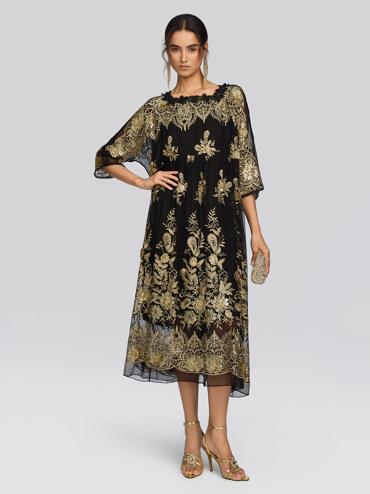 Silk Gold Sequin Floral Embroidery Dress