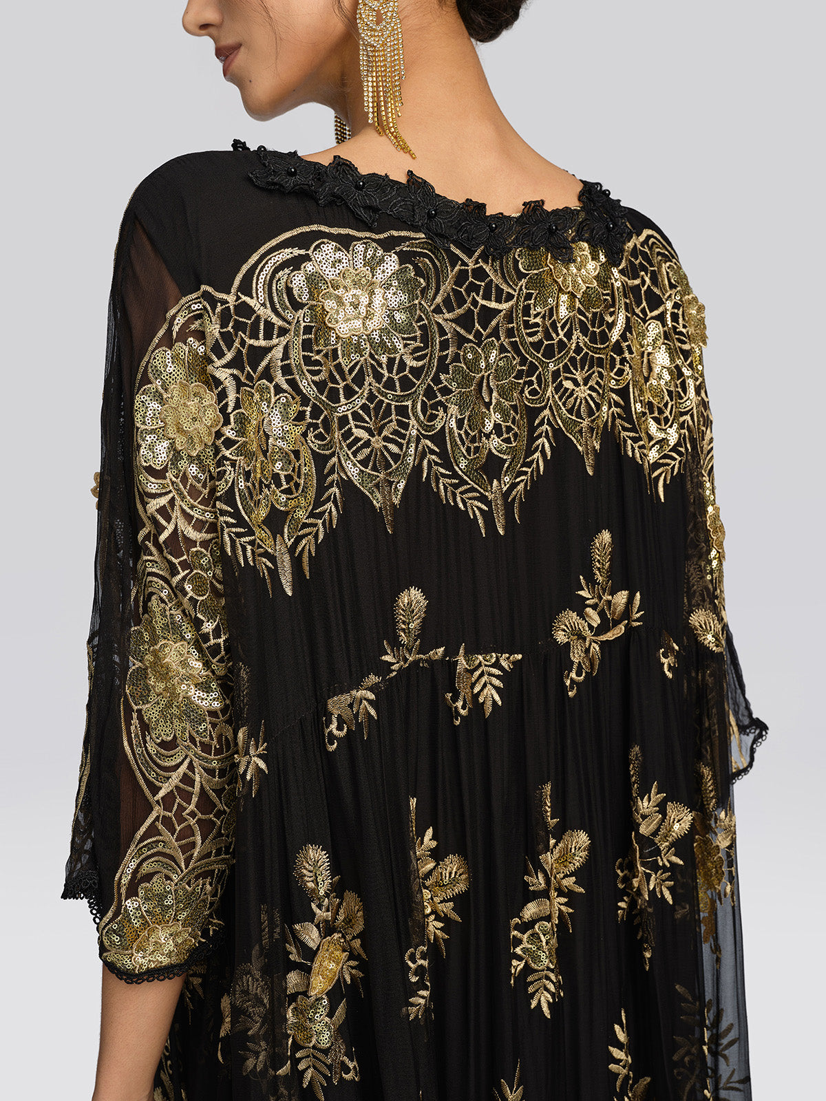 Silk Gold Sequin Floral Embroidery Dress