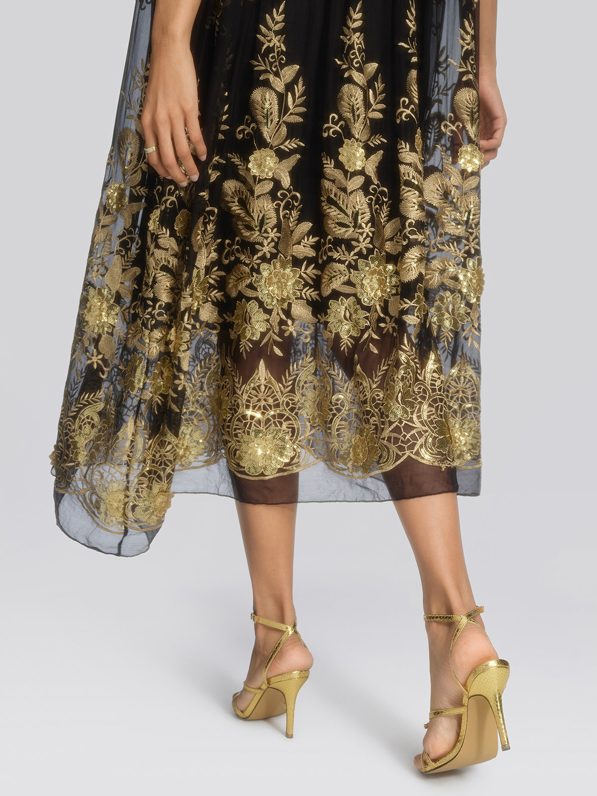 Silk Gold Sequin Floral Embroidery Dress
