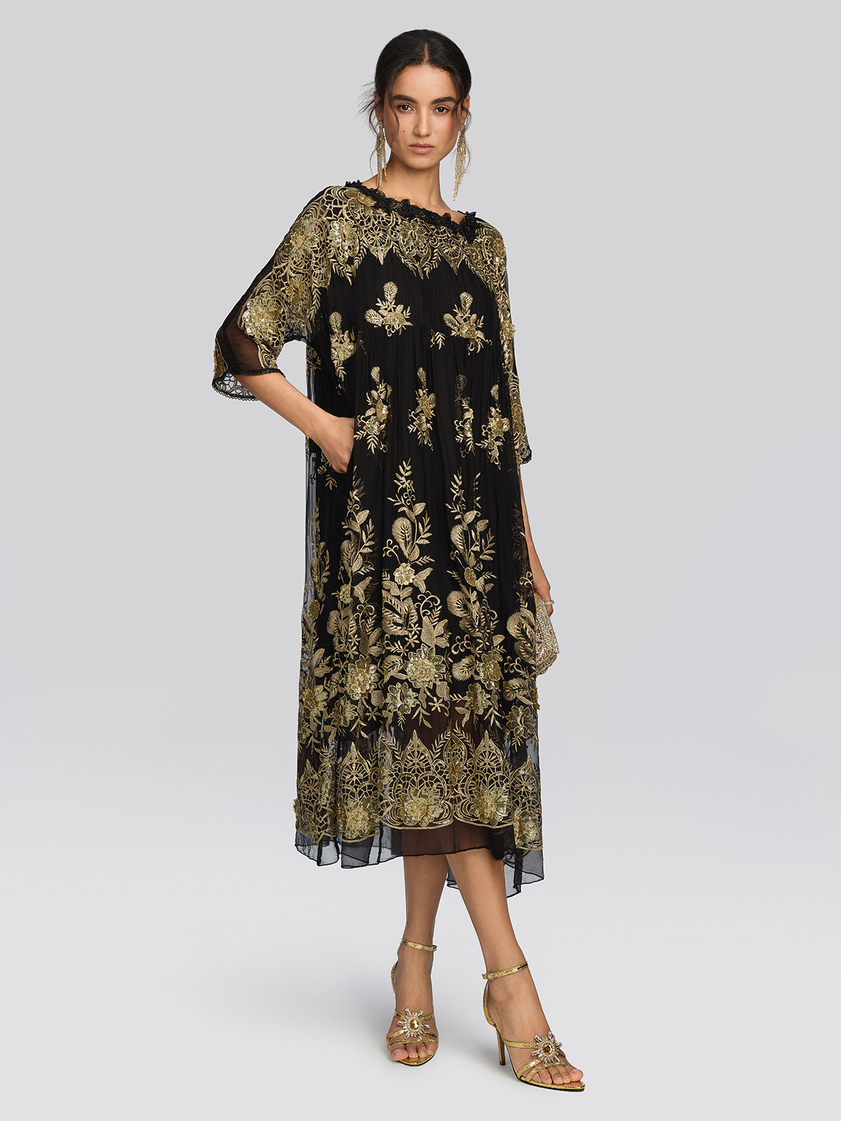 Silk Gold Sequin Floral Embroidery Dress