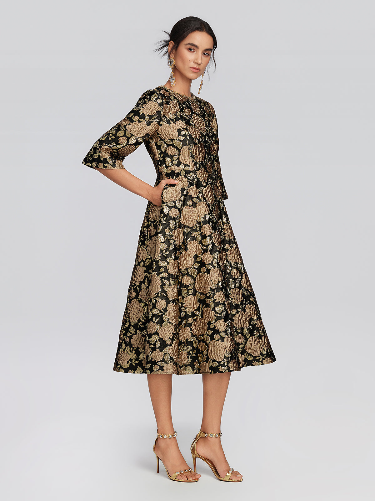 Embossed Jacquard Beaded Collar Dress