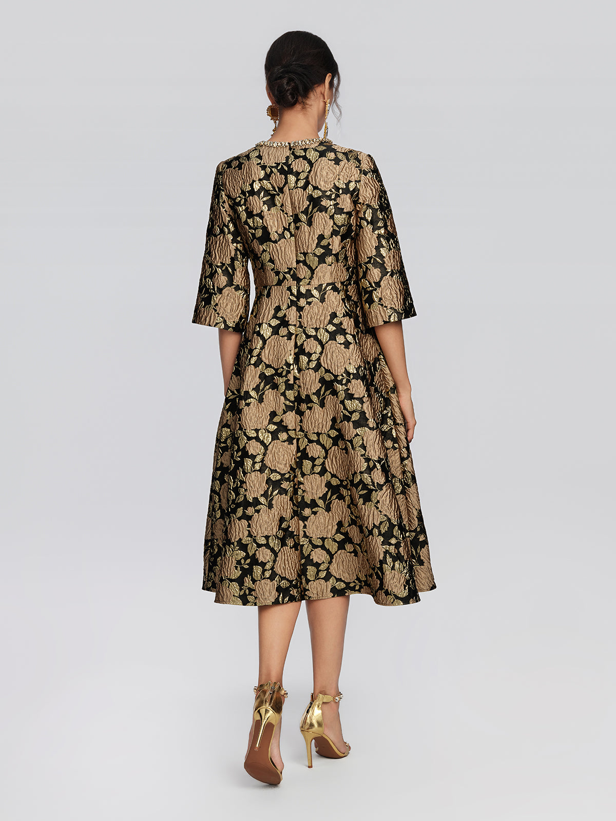 Embossed Jacquard Beaded Collar Dress