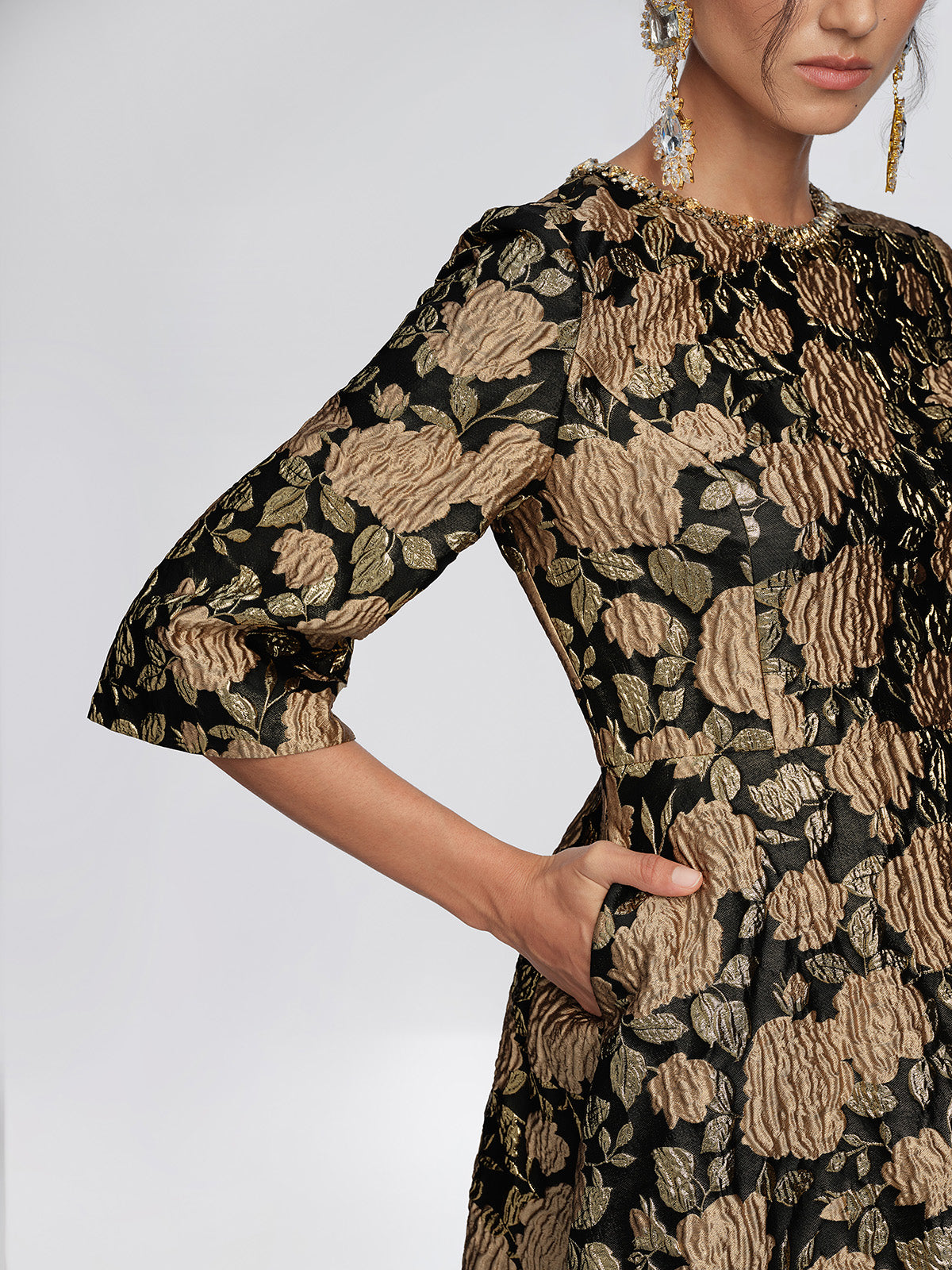 Embossed Jacquard Beaded Collar Dress