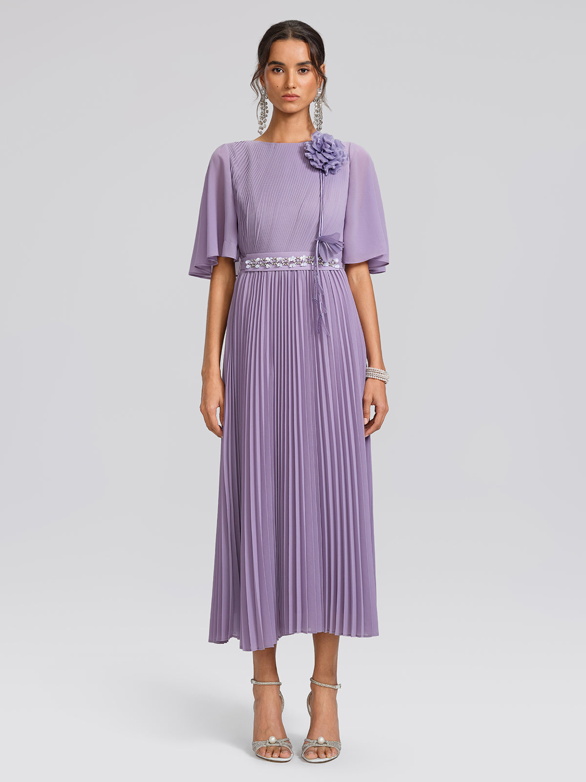 Embroidered Pleated Maxi Dress (Detachable Floral & Waist Tie Included)