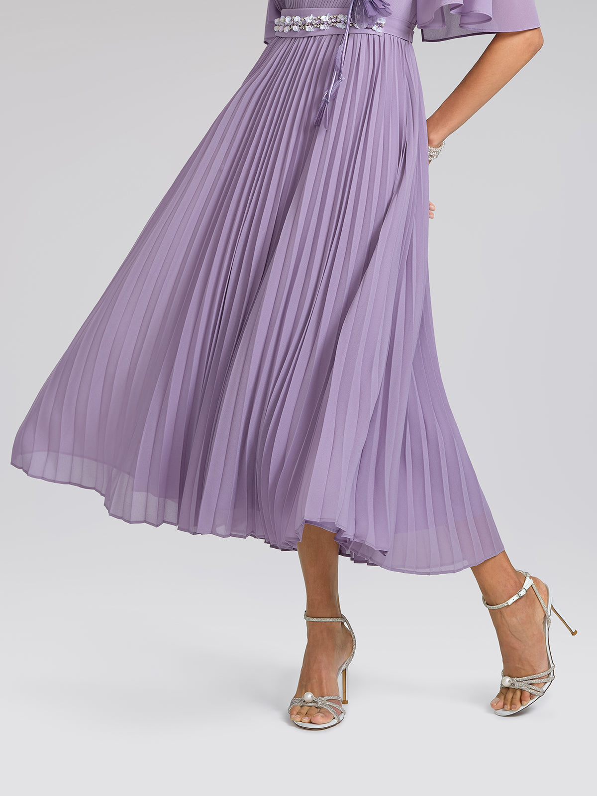 Embroidered Pleated Maxi Dress (Detachable Floral & Waist Tie Included)