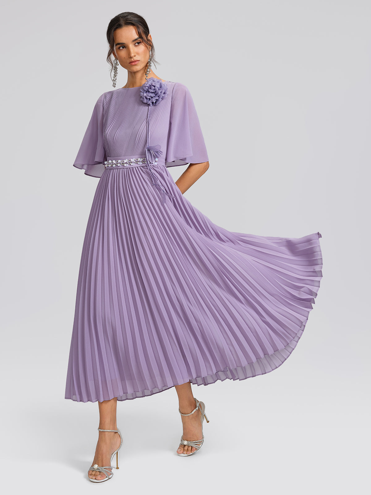 Embroidered Pleated Maxi Dress (Detachable Floral & Waist Tie Included)