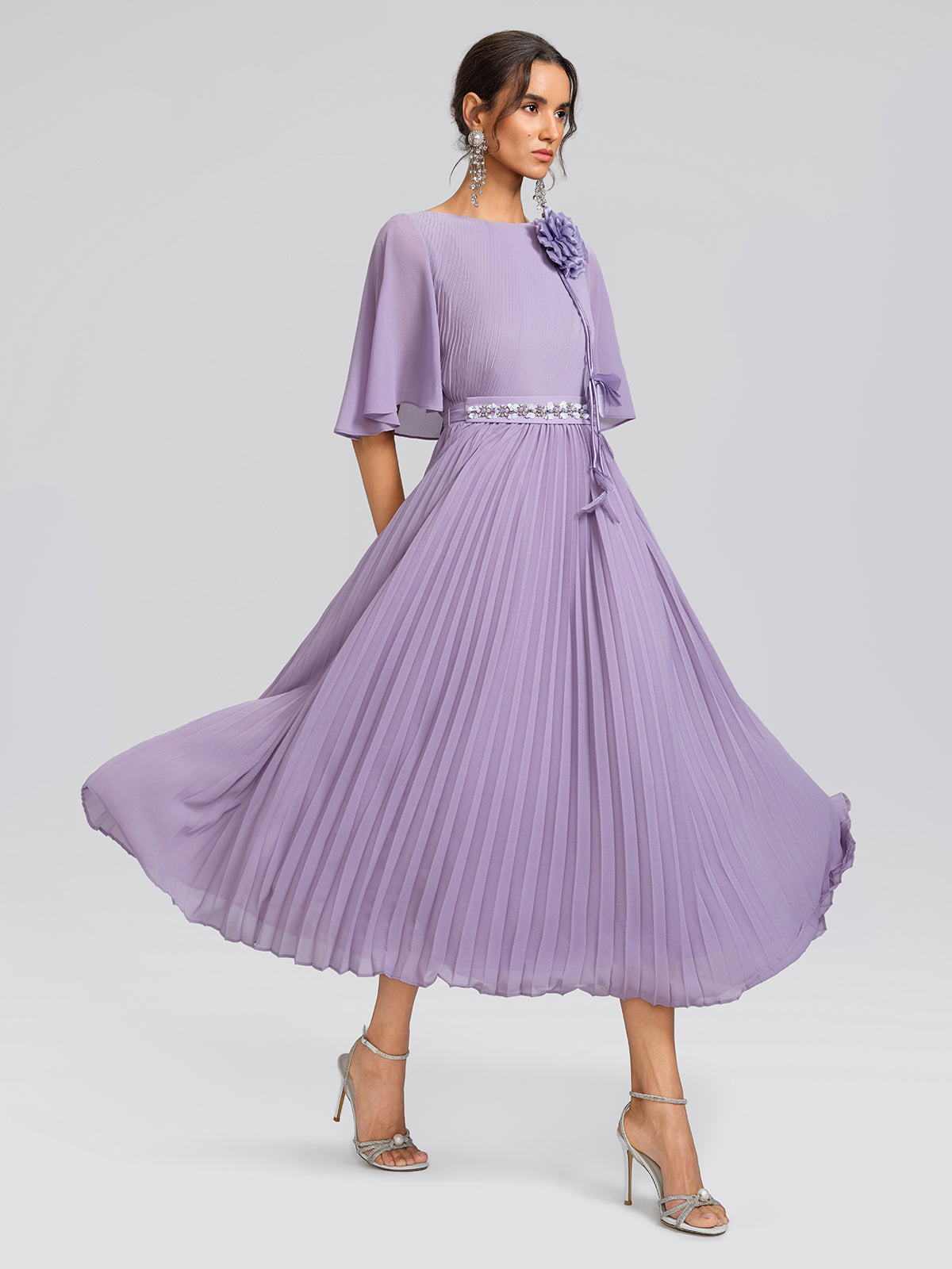 Embroidered Pleated Maxi Dress (Detachable Floral & Waist Tie Included)