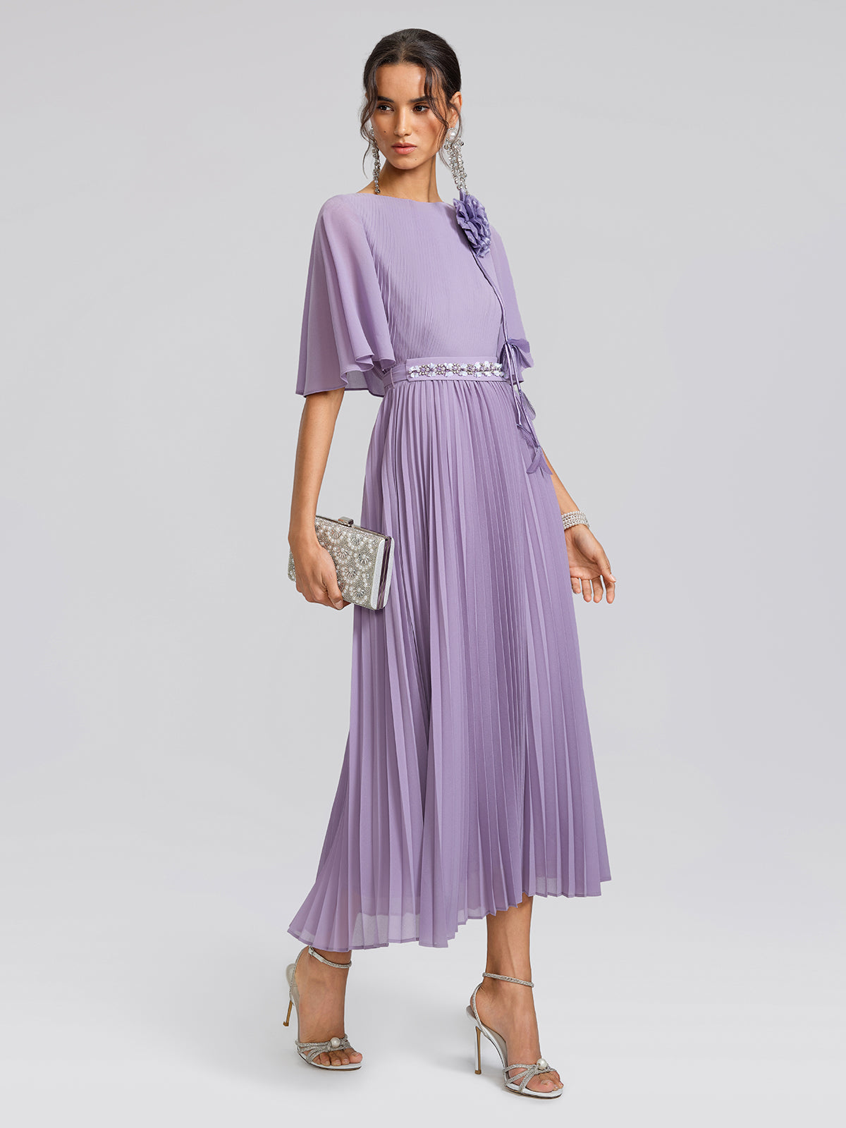 Embroidered Pleated Maxi Dress (Detachable Floral & Waist Tie Included)
