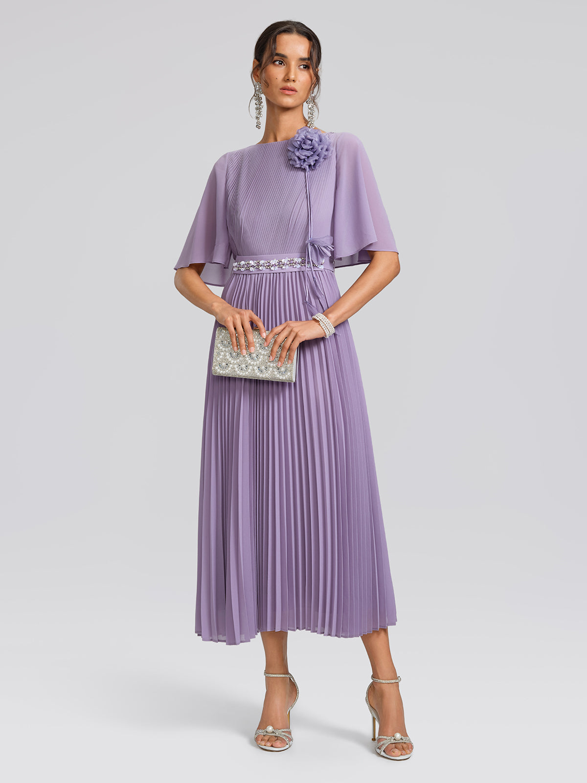 Embroidered Pleated Maxi Dress (Detachable Floral & Waist Tie Included)
