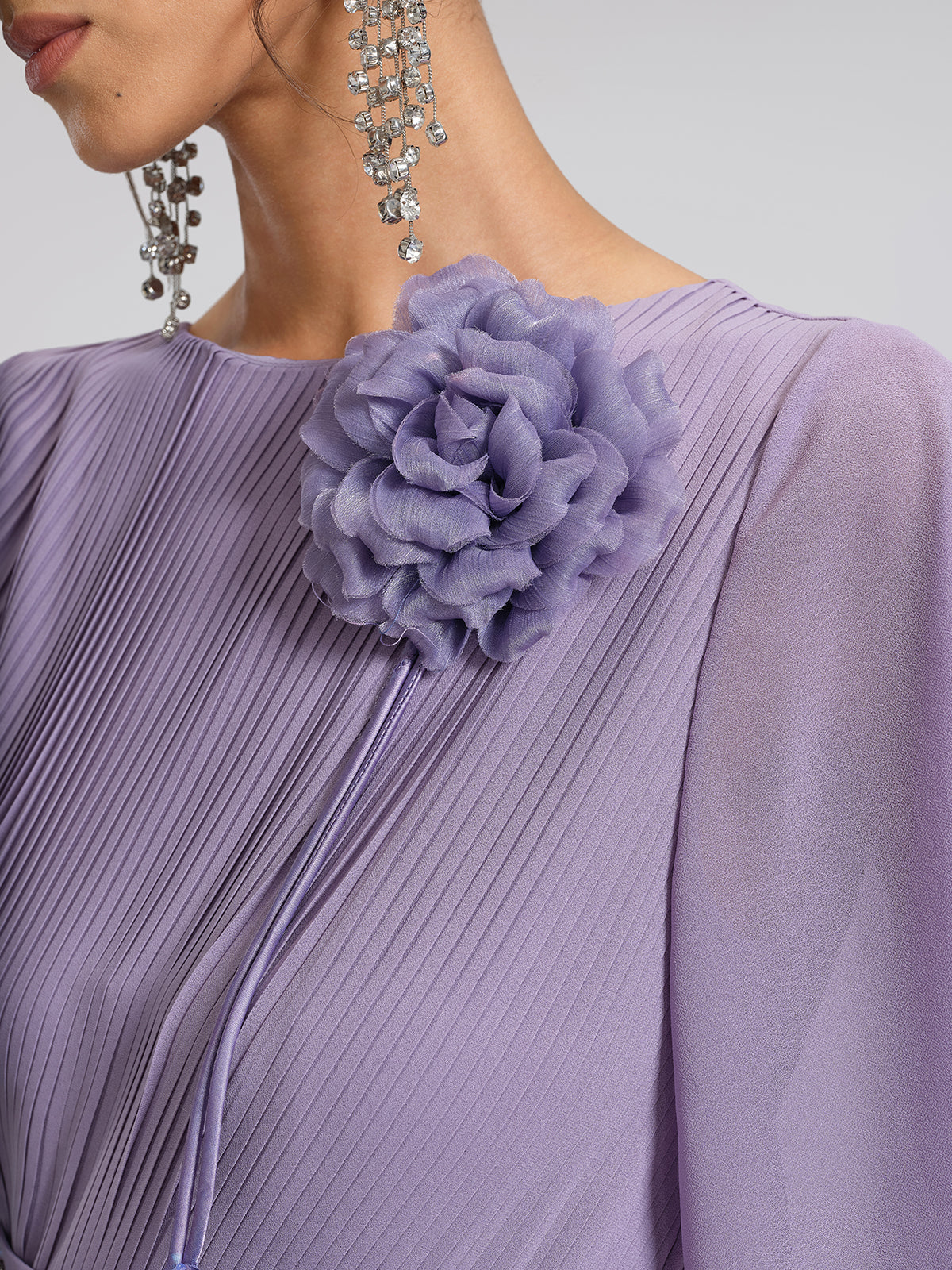 Embroidered Pleated Maxi Dress (Detachable Floral & Waist Tie Included)