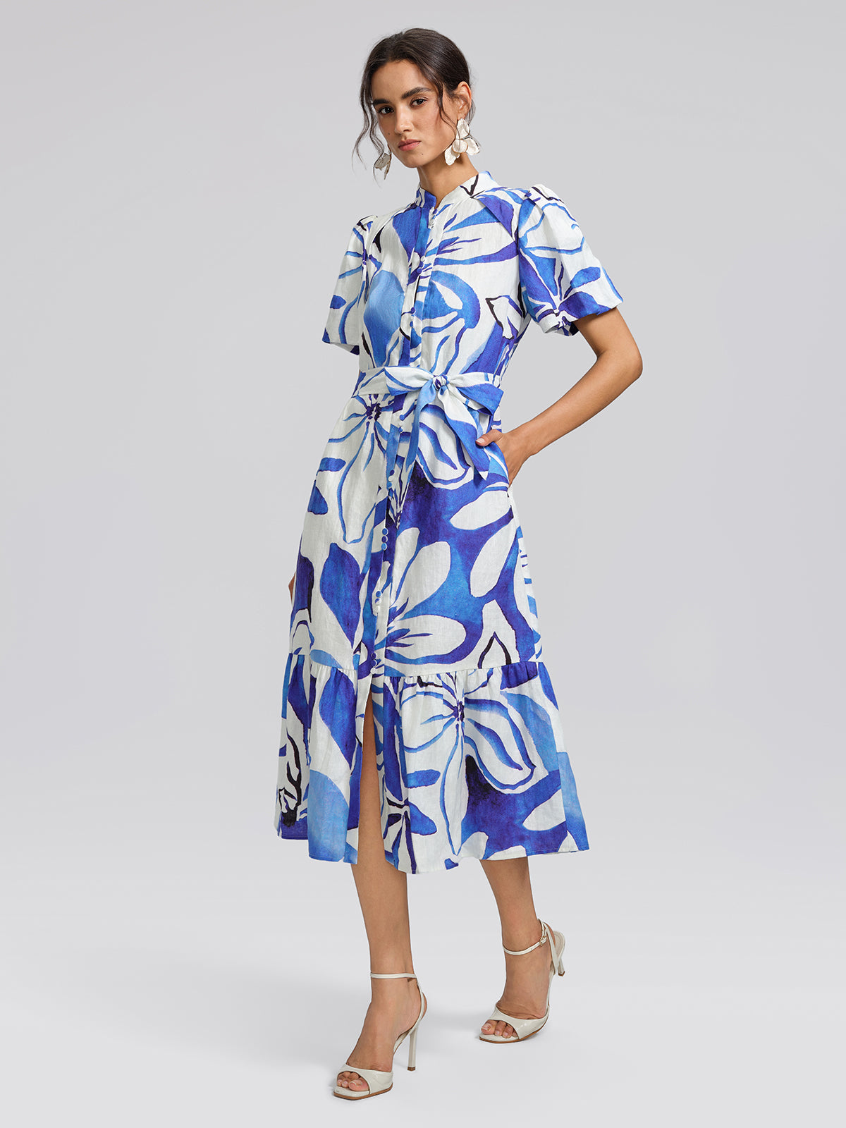 Hand-Drawn Resort Print Linen Dress (Waist Tie Included)