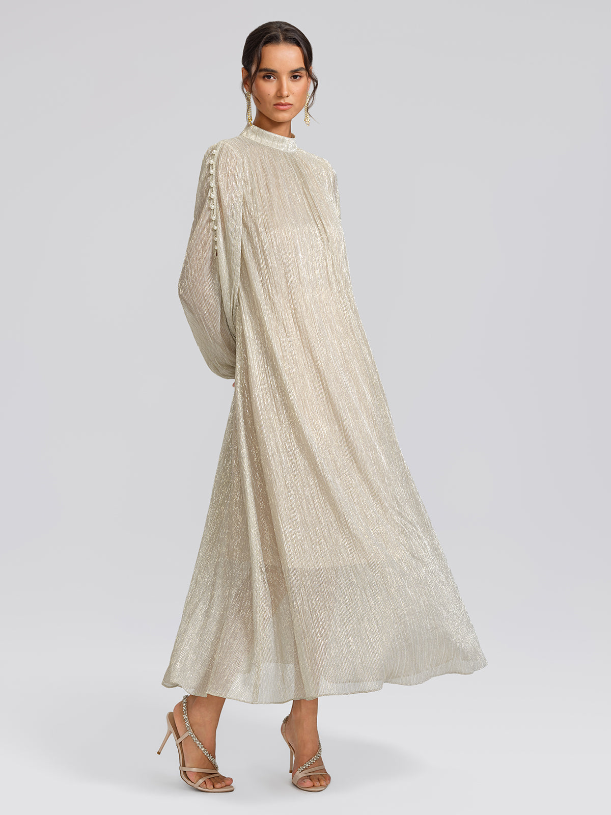 Glitter Pleated Pearl-Buttons Dress (Detachable Floral & Waist Tie Included)