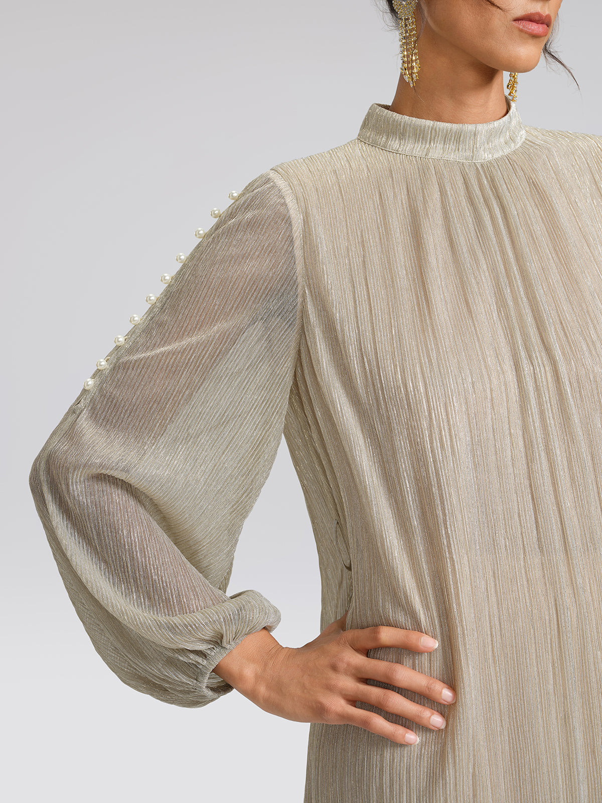 Glitter Pleated Pearl-Buttons Dress (Detachable Floral & Waist Tie Included)