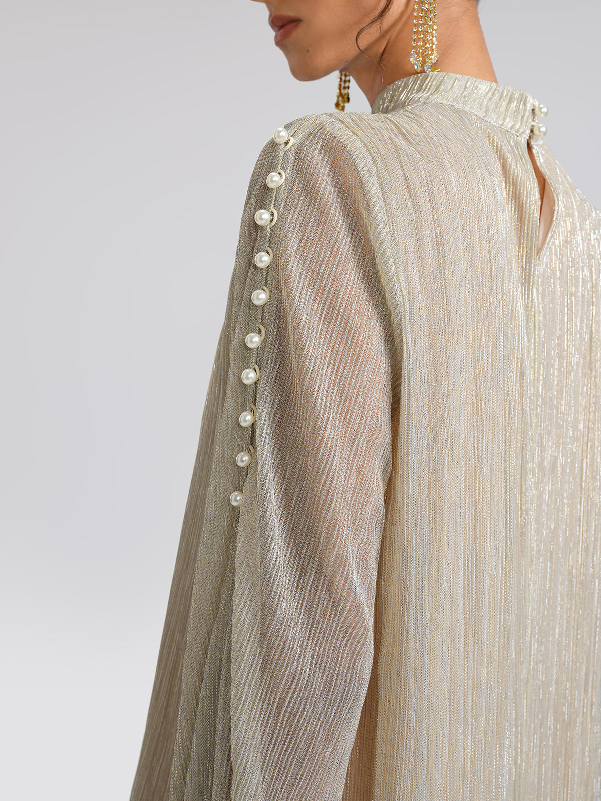 Glitter Pleated Pearl-Buttons Dress (Detachable Floral & Waist Tie Included)