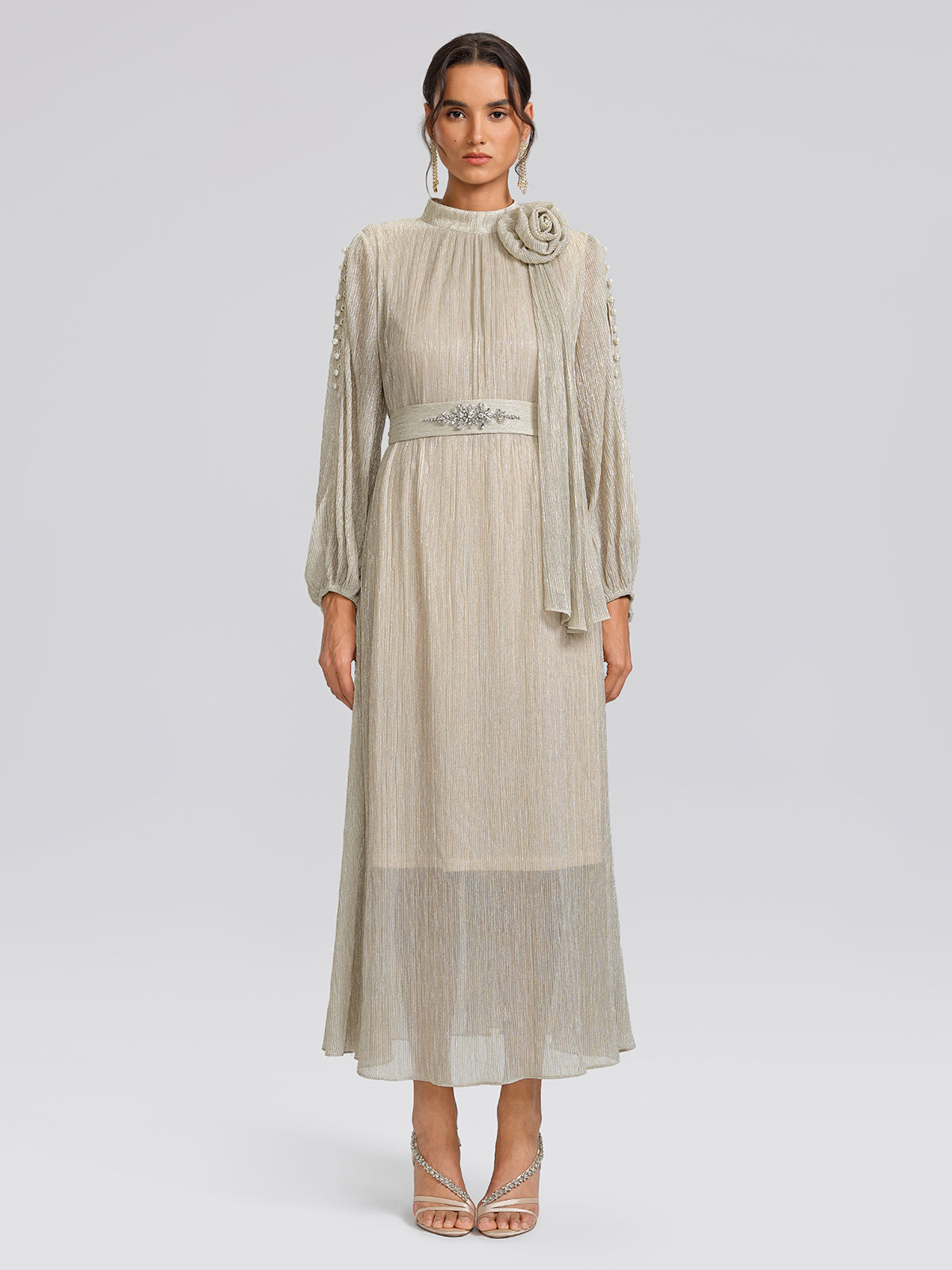 Glitter Pleated Pearl-Buttons Dress (Detachable Floral & Waist Tie Included)