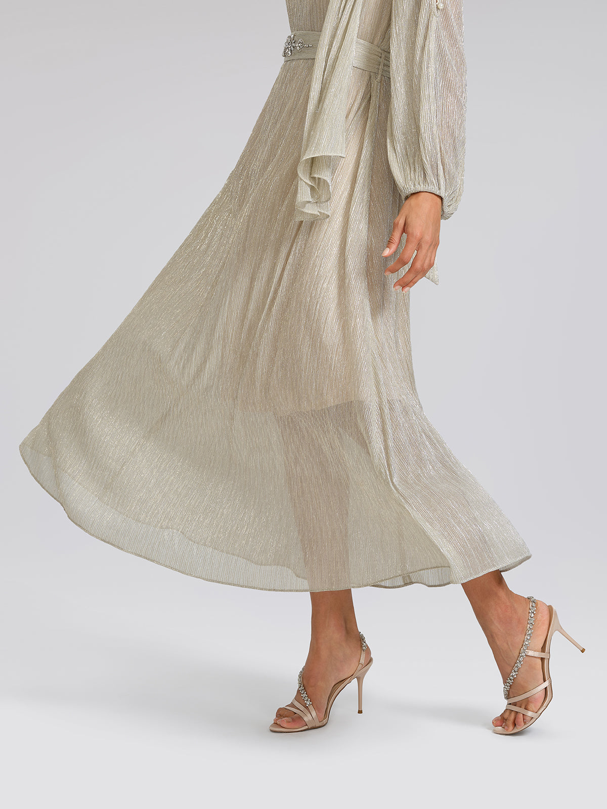 Glitter Pleated Pearl-Buttons Dress (Detachable Floral & Waist Tie Included)