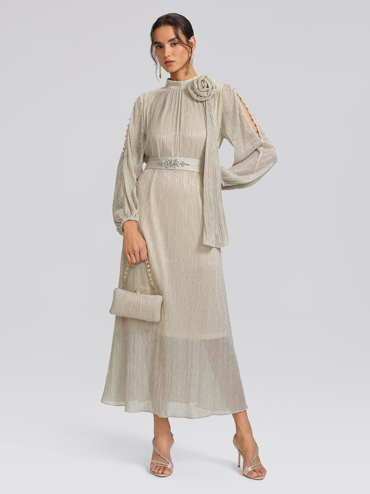 Glitter Pleated Pearl-Buttons Dress (Detachable Floral & Waist Tie Included)