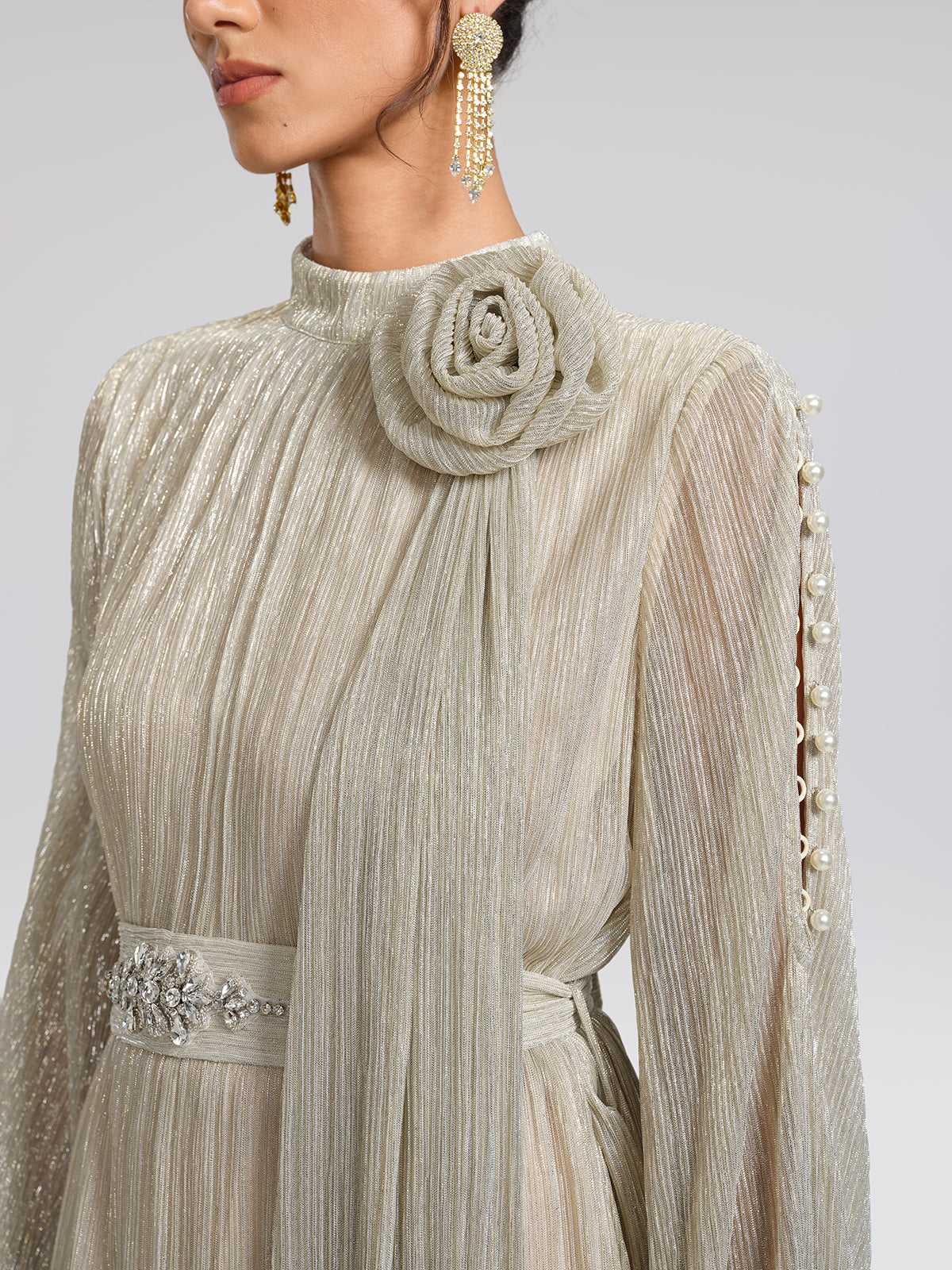 Glitter Pleated Pearl-Buttons Dress (Detachable Floral & Waist Tie Included)