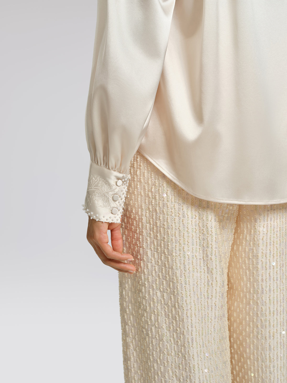Beaded Embroidered Satin Stand-Collar Blouse