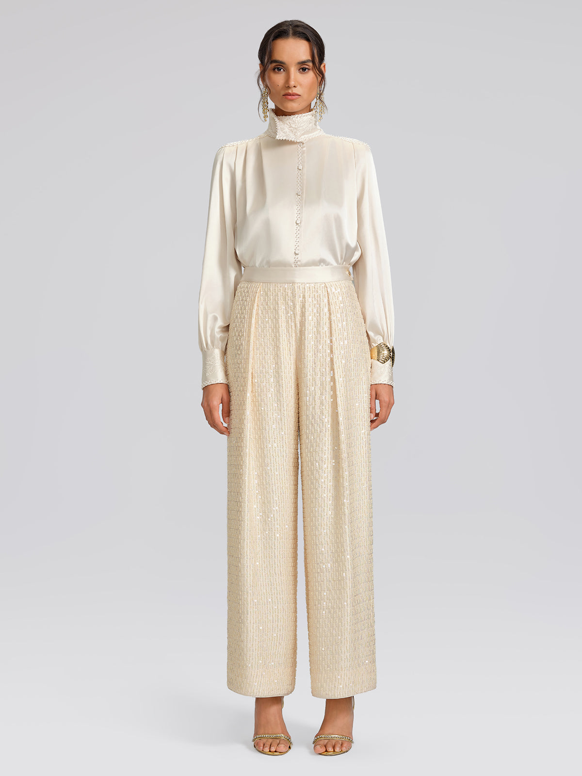Beaded Embroidered Satin Stand-Collar Blouse