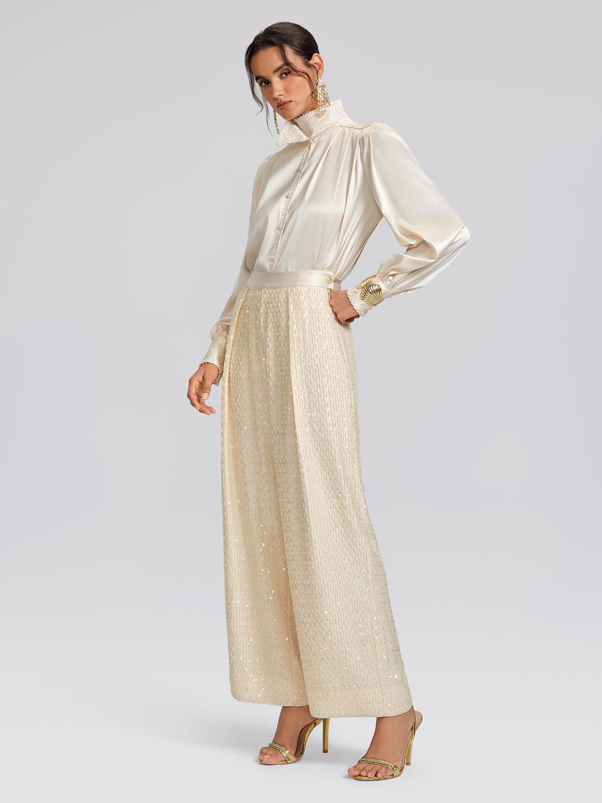 Beaded Embroidered Satin Stand-Collar Blouse