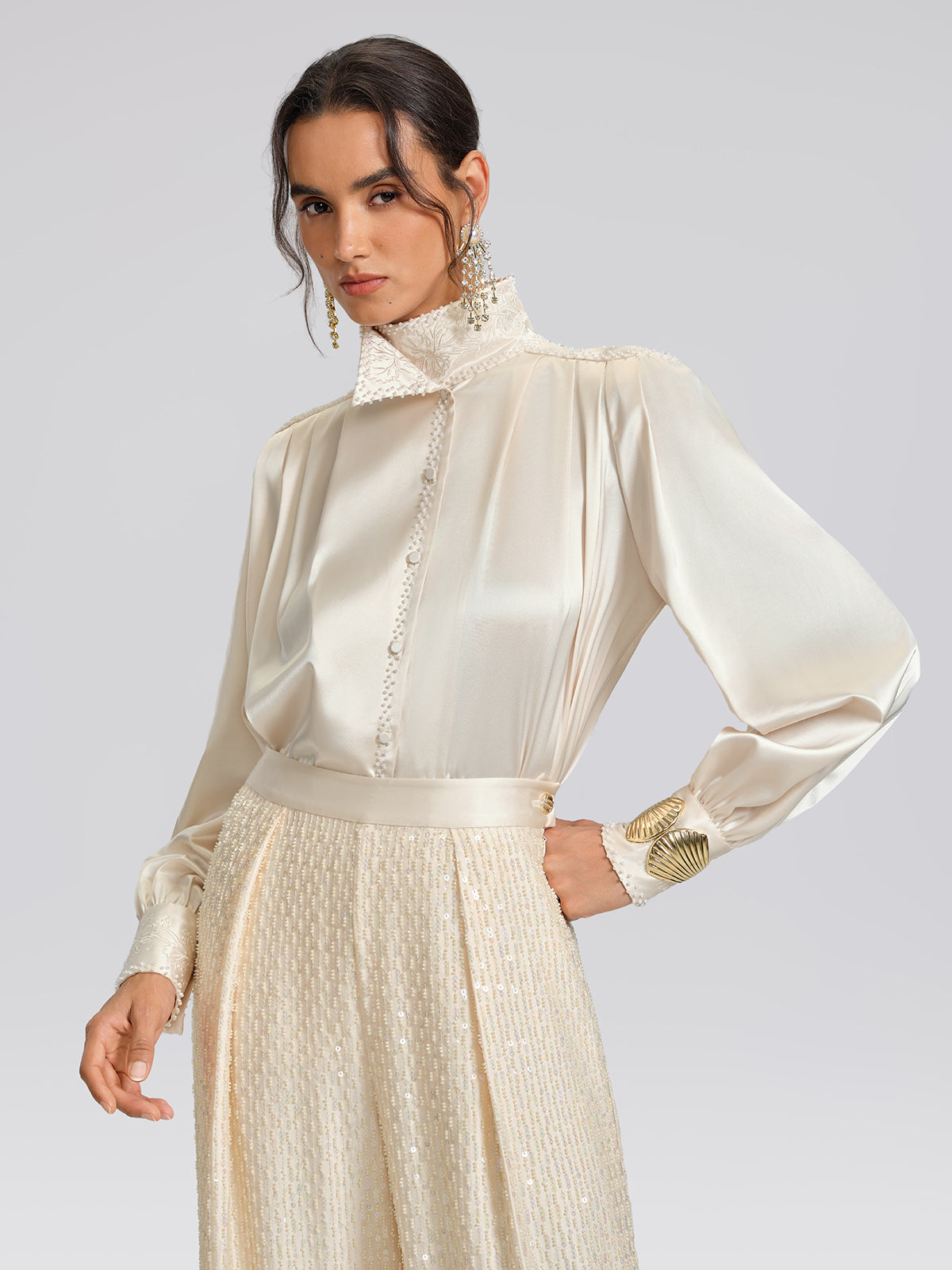 Beaded Embroidered Satin Stand-Collar Blouse