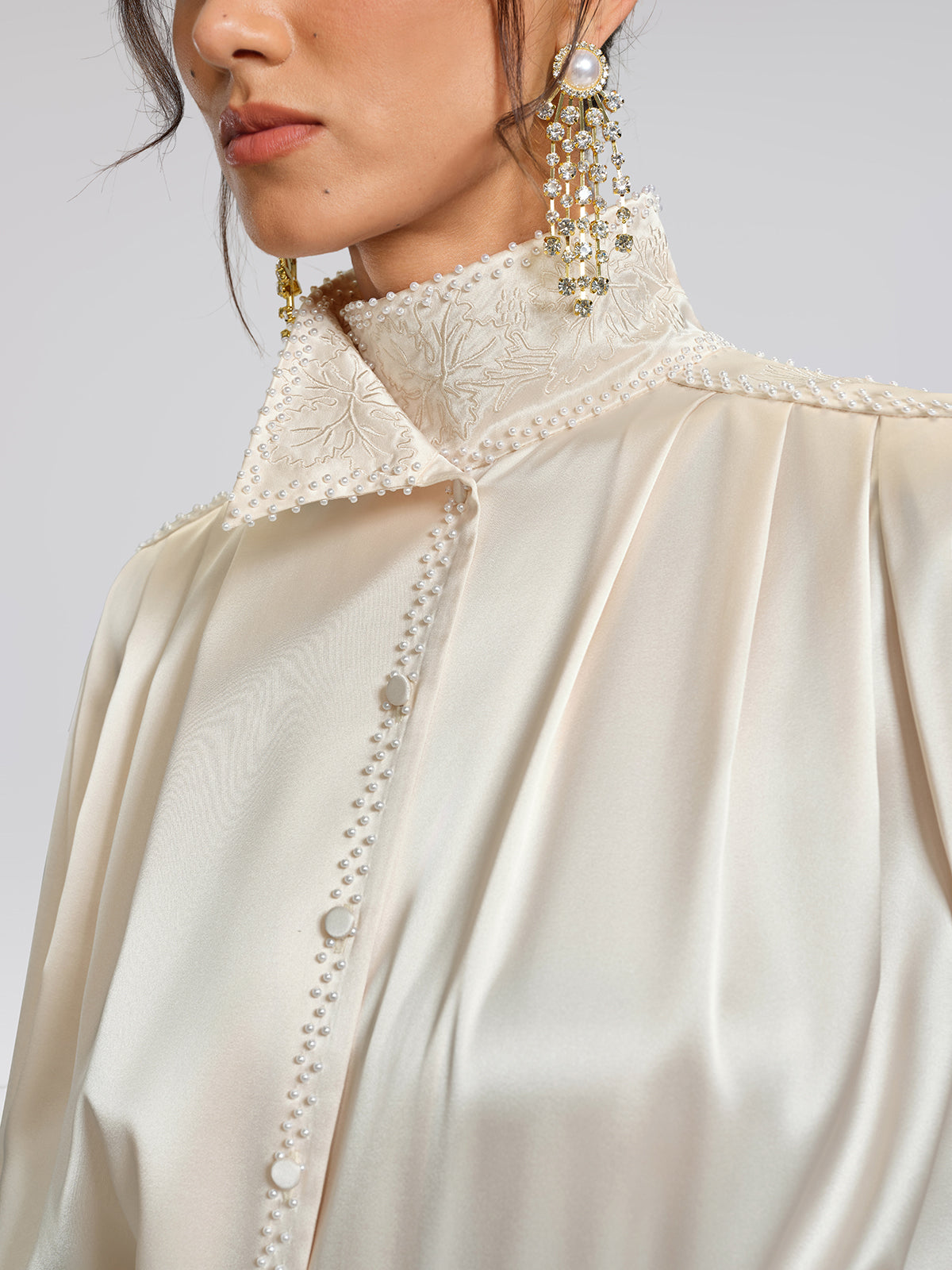 Beaded Embroidered Satin Stand-Collar Blouse