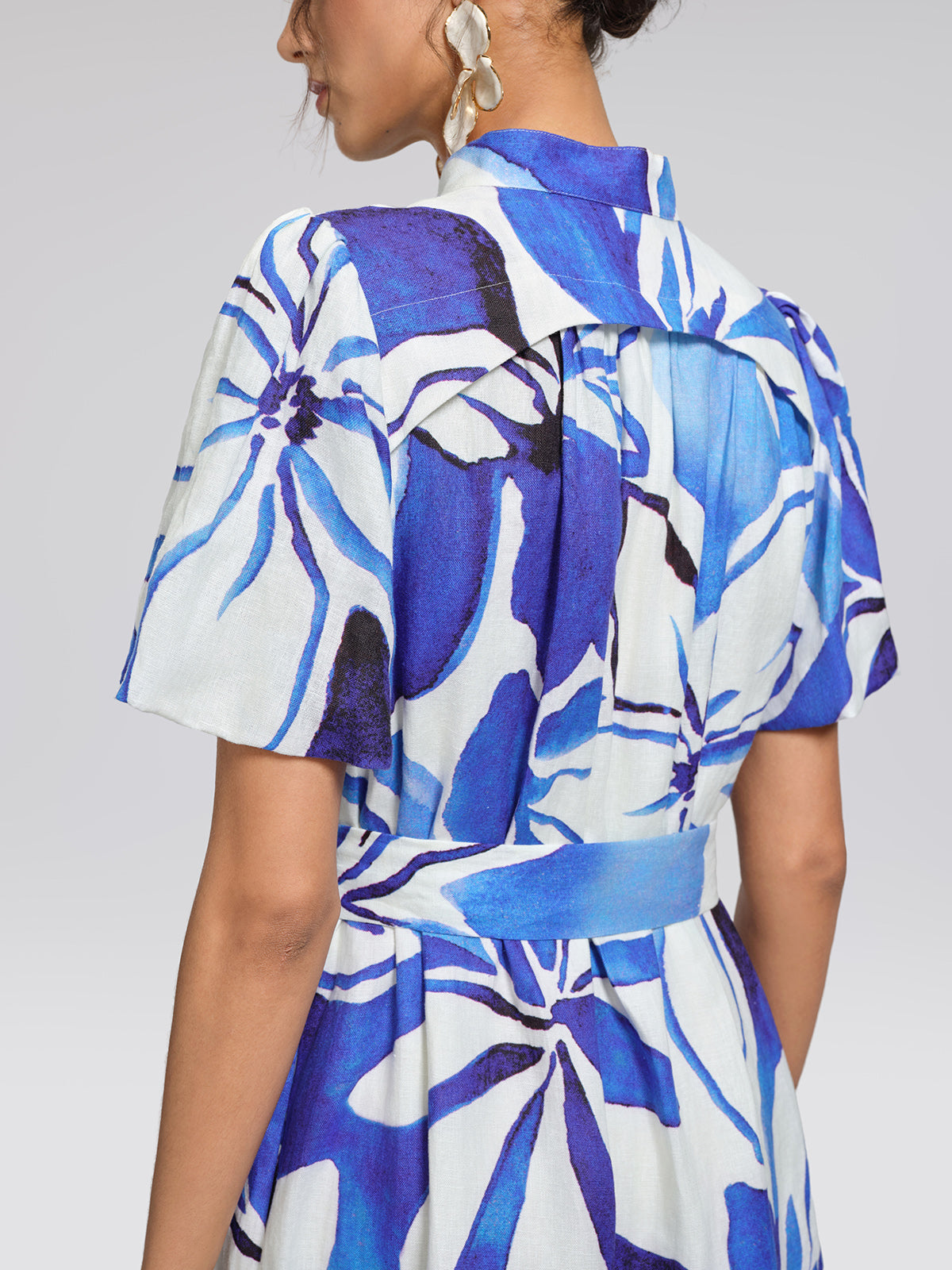 Hand-Drawn Resort Print Linen Dress (Waist Tie Included)