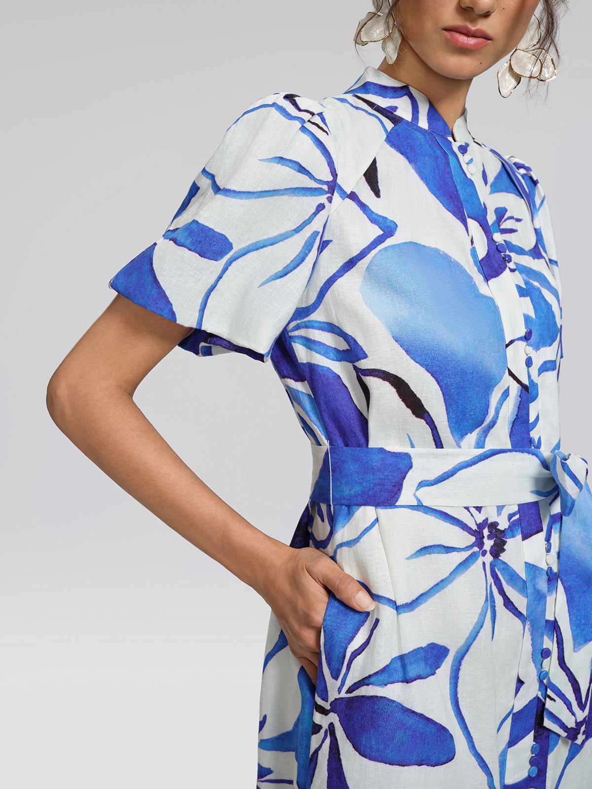Hand-Drawn Resort Print Linen Dress (Waist Tie Included)