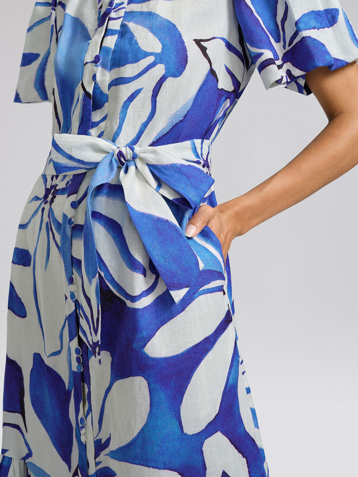 Hand-Drawn Resort Print Linen Dress (Waist Tie Included)