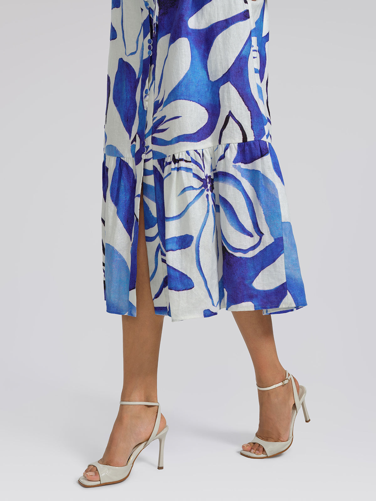 Hand-Drawn Resort Print Linen Dress (Waist Tie Included)