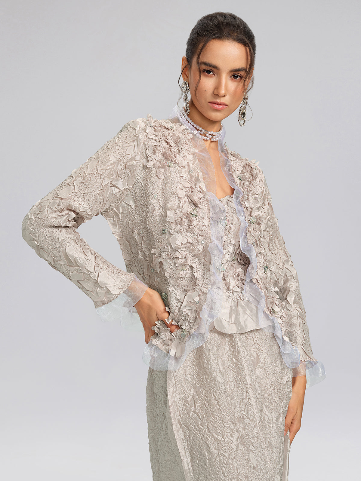 Final Sale | Champagne Pleated Texture Beaded Set