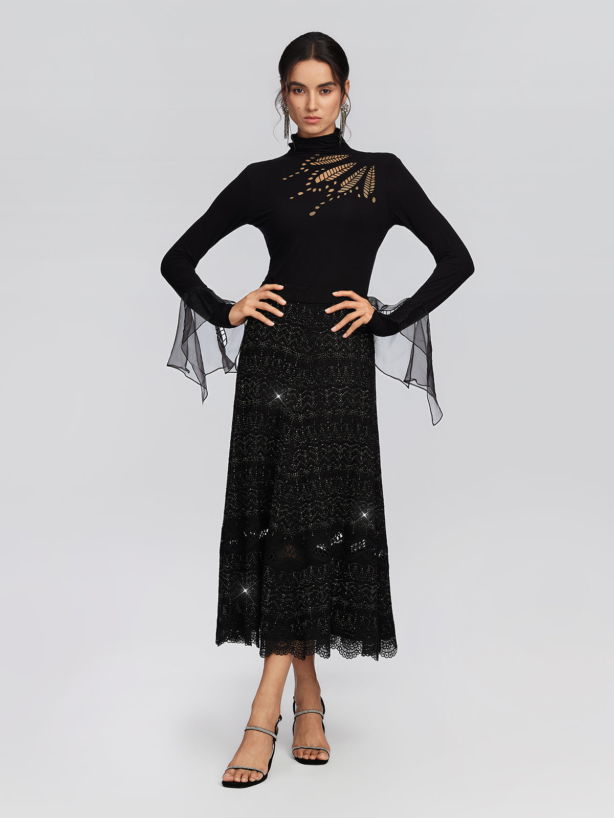 Cutout Stretch Mesh-Dotted Top