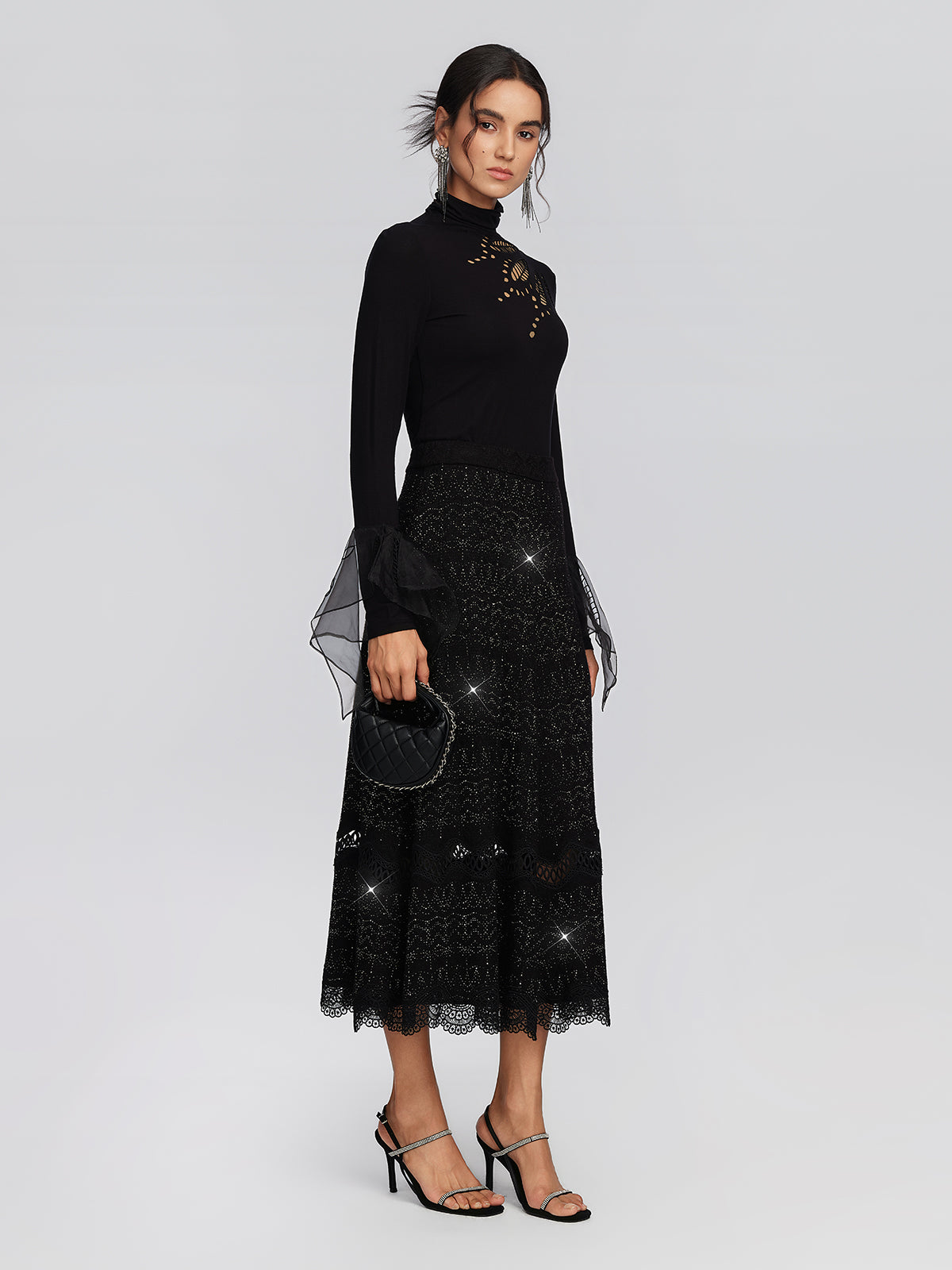 Cutout Stretch Mesh-Dotted Top