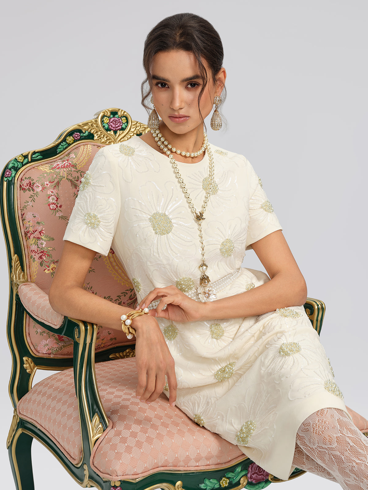 Floral Embroidery Hand-Beaded Dress (Belt Not Included)