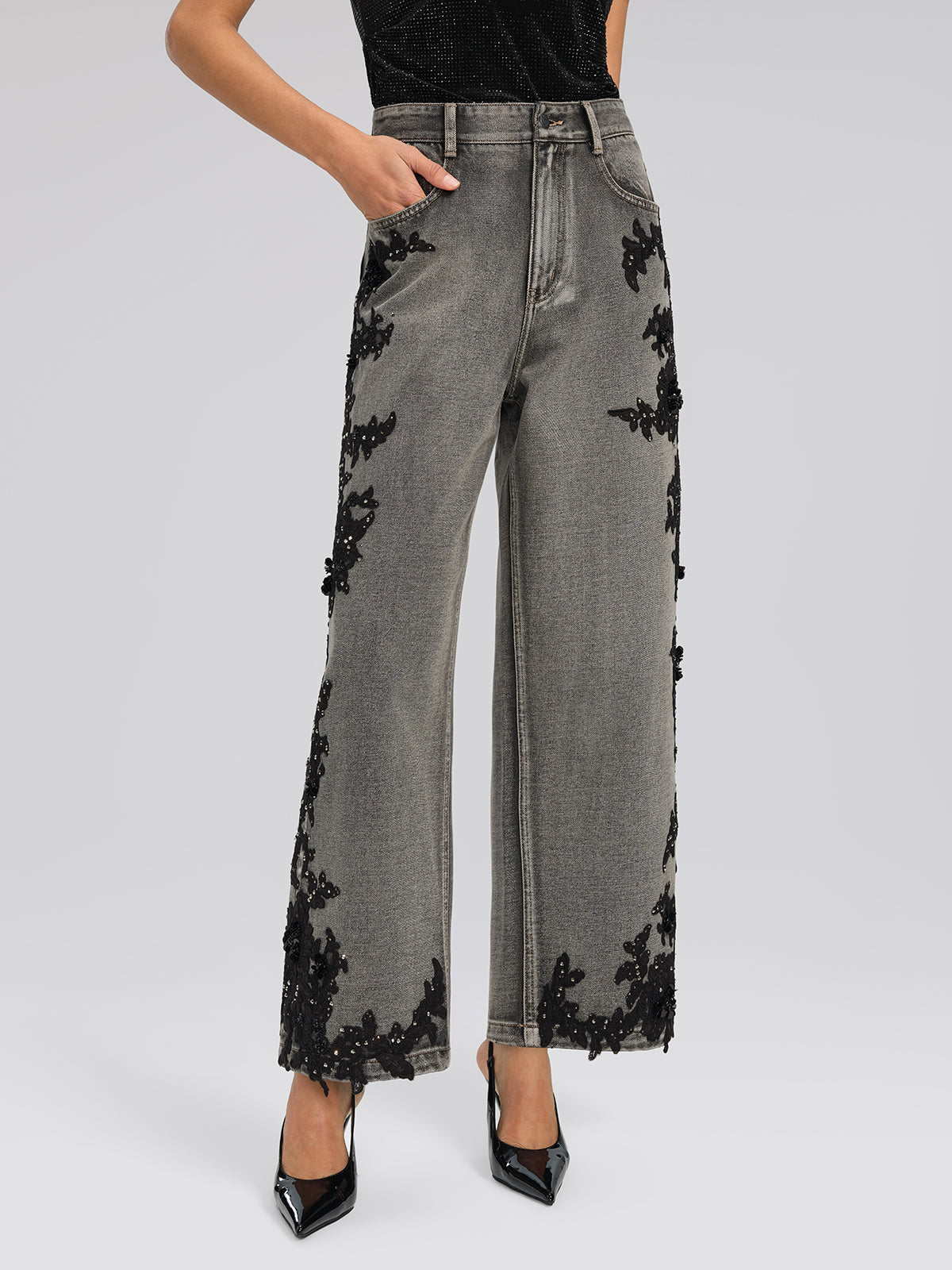 Lace Rhinestone Floral Washed Pants